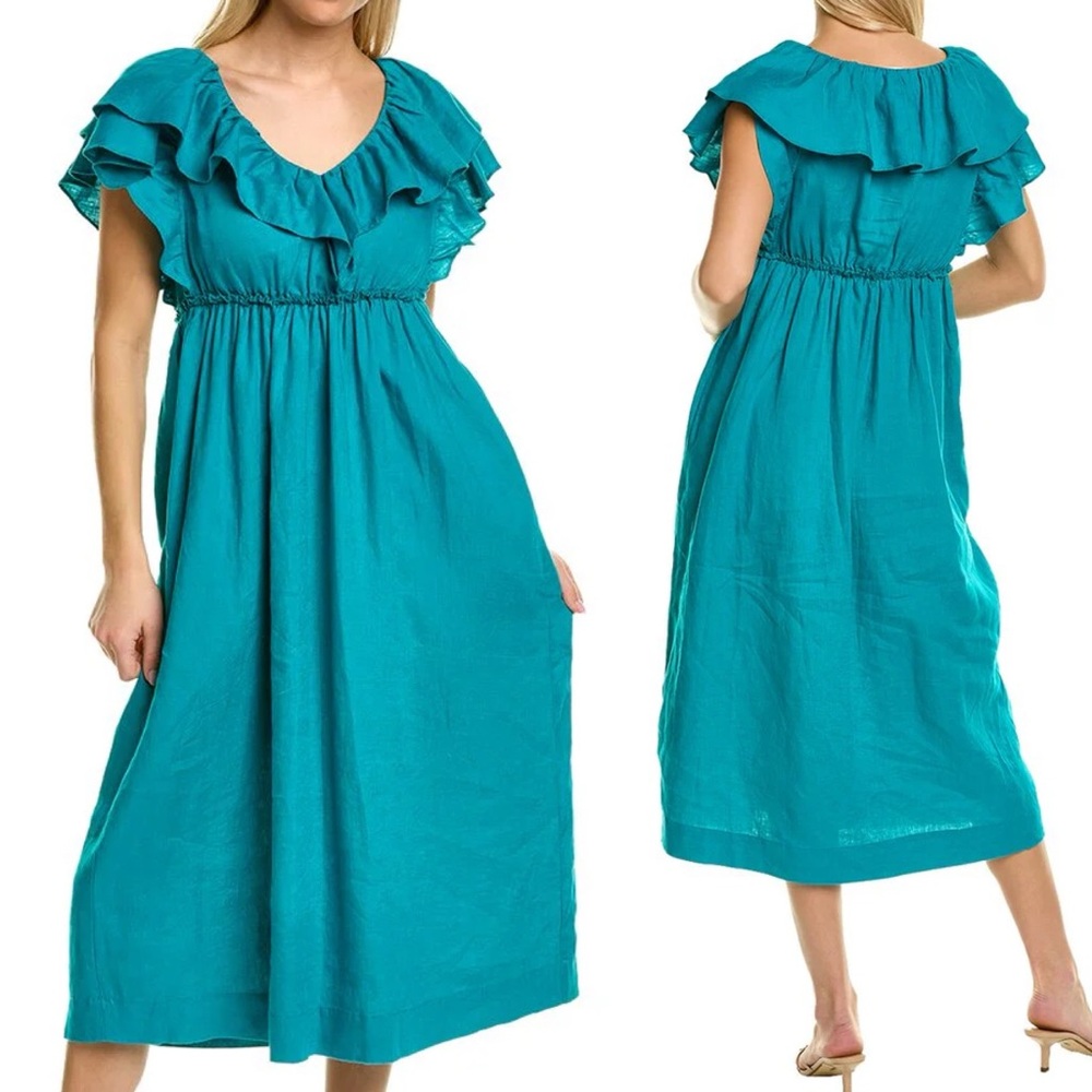 Trina Turk 100% Linen Play Dress Teal Blue Ruffle V Neck Midi Out of Office NEW